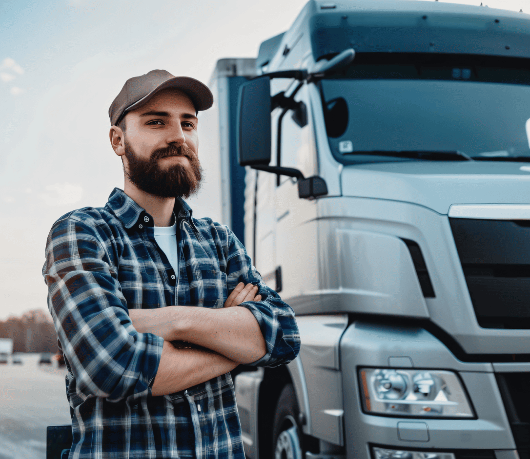 Truck Driver Posing with Semi-Truck Covered by Insurance